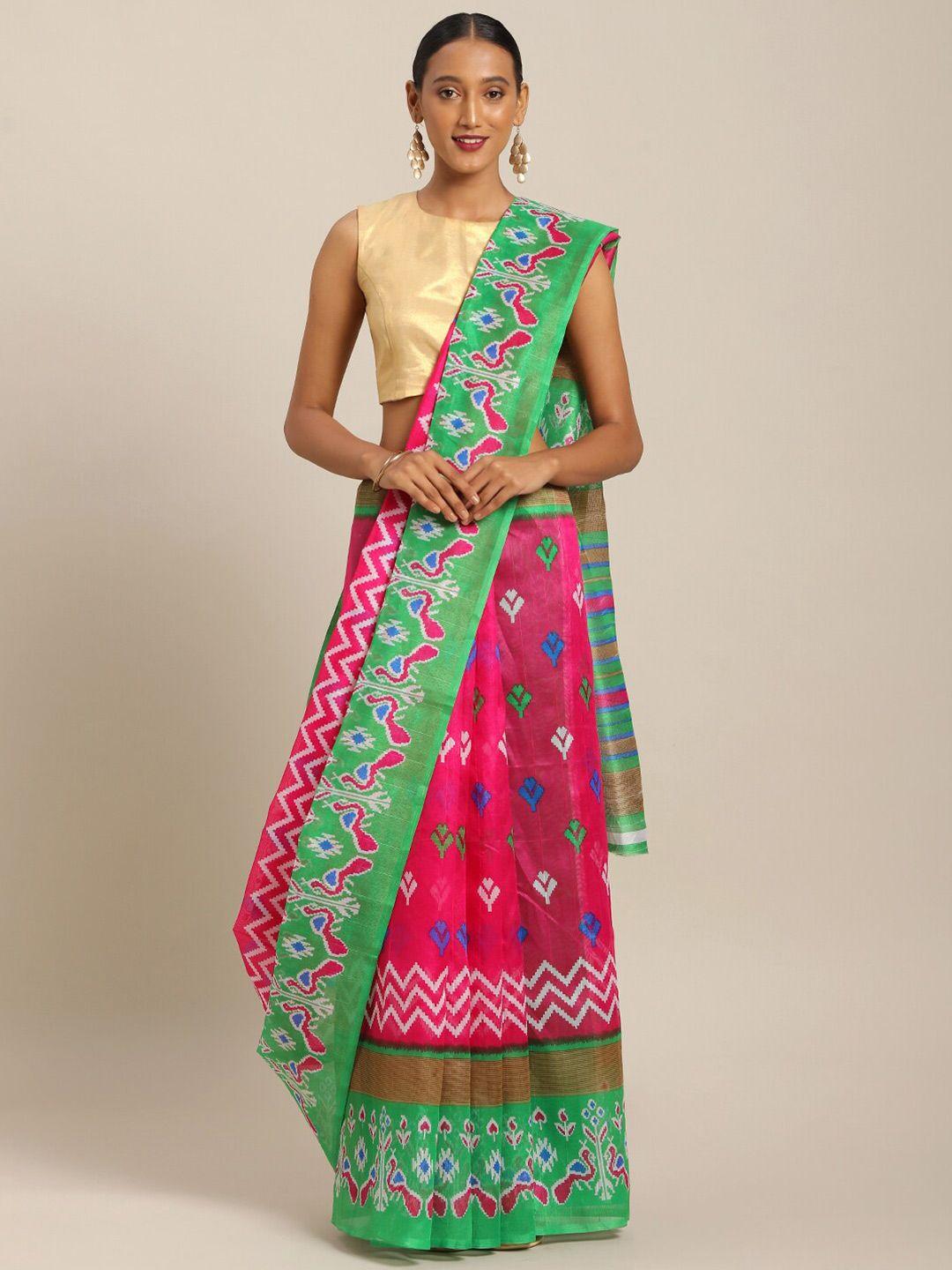 kalini pink & green ethnic motifs printed silk blend bhagalpuri saree