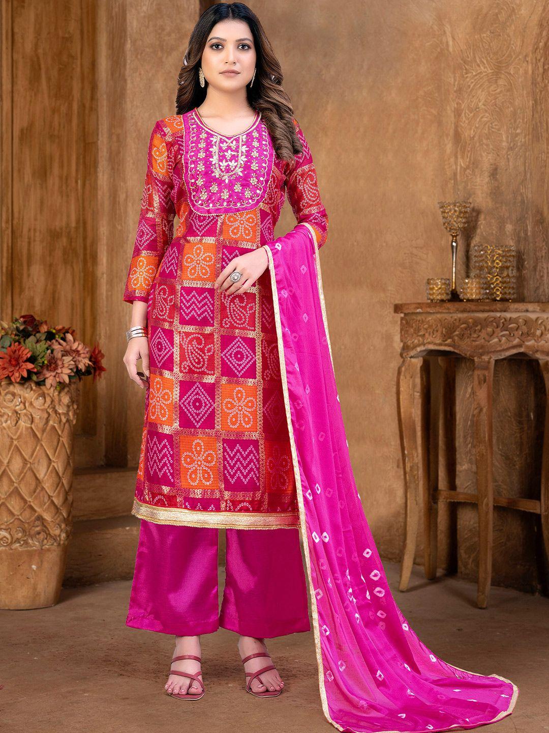 kalini pink & red printed pure cotton unstitched dress material