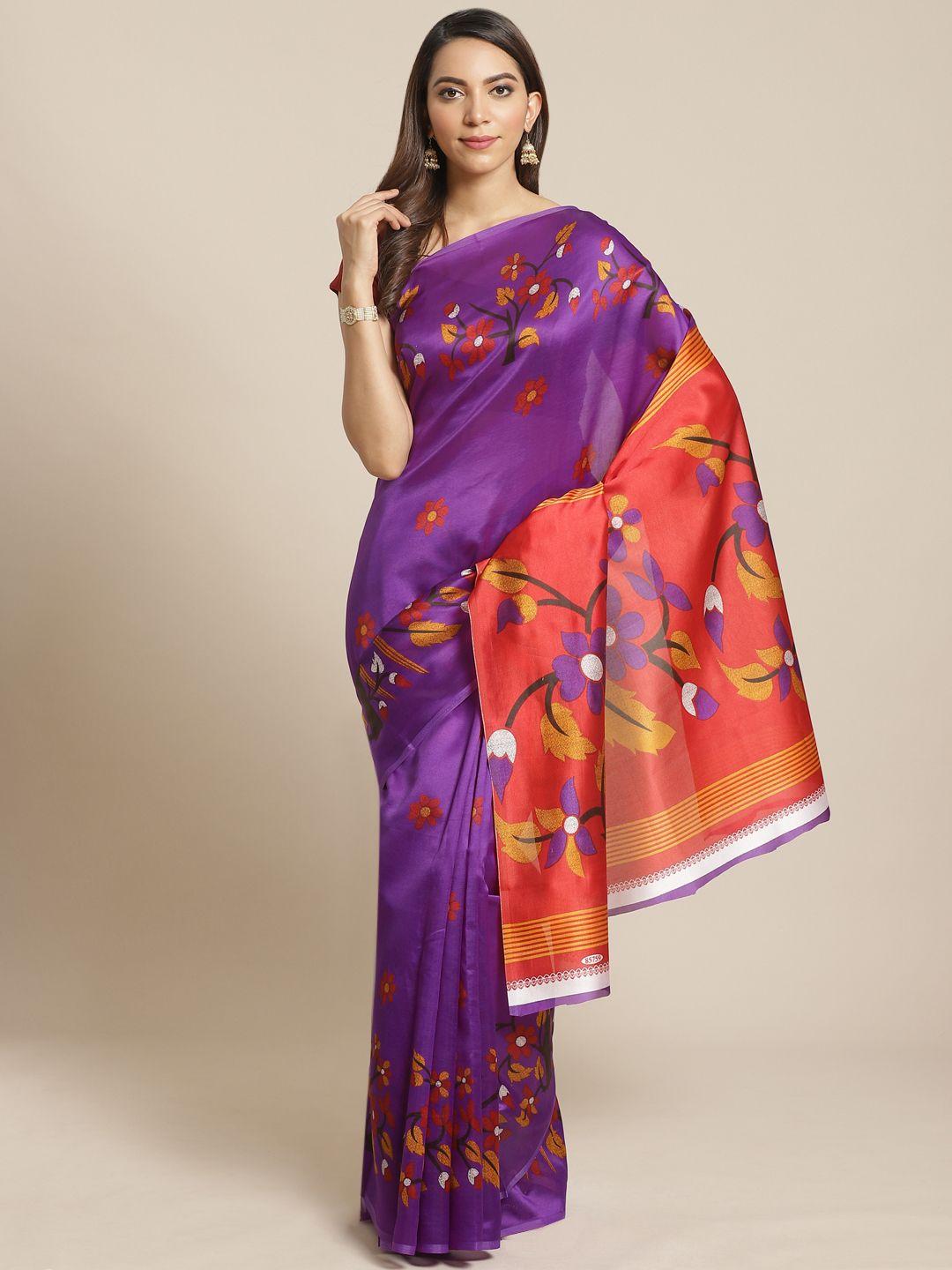 kalini purple & red floral printed mysore silk saree