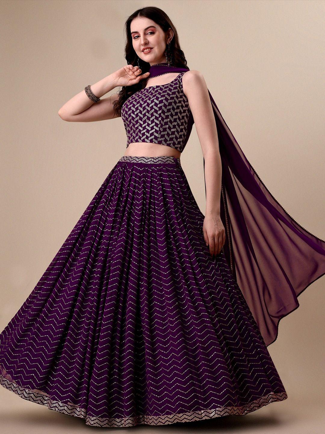 kalini purple embroidered sequinned semi-stitched lehenga & unstitched blouse with dupatta