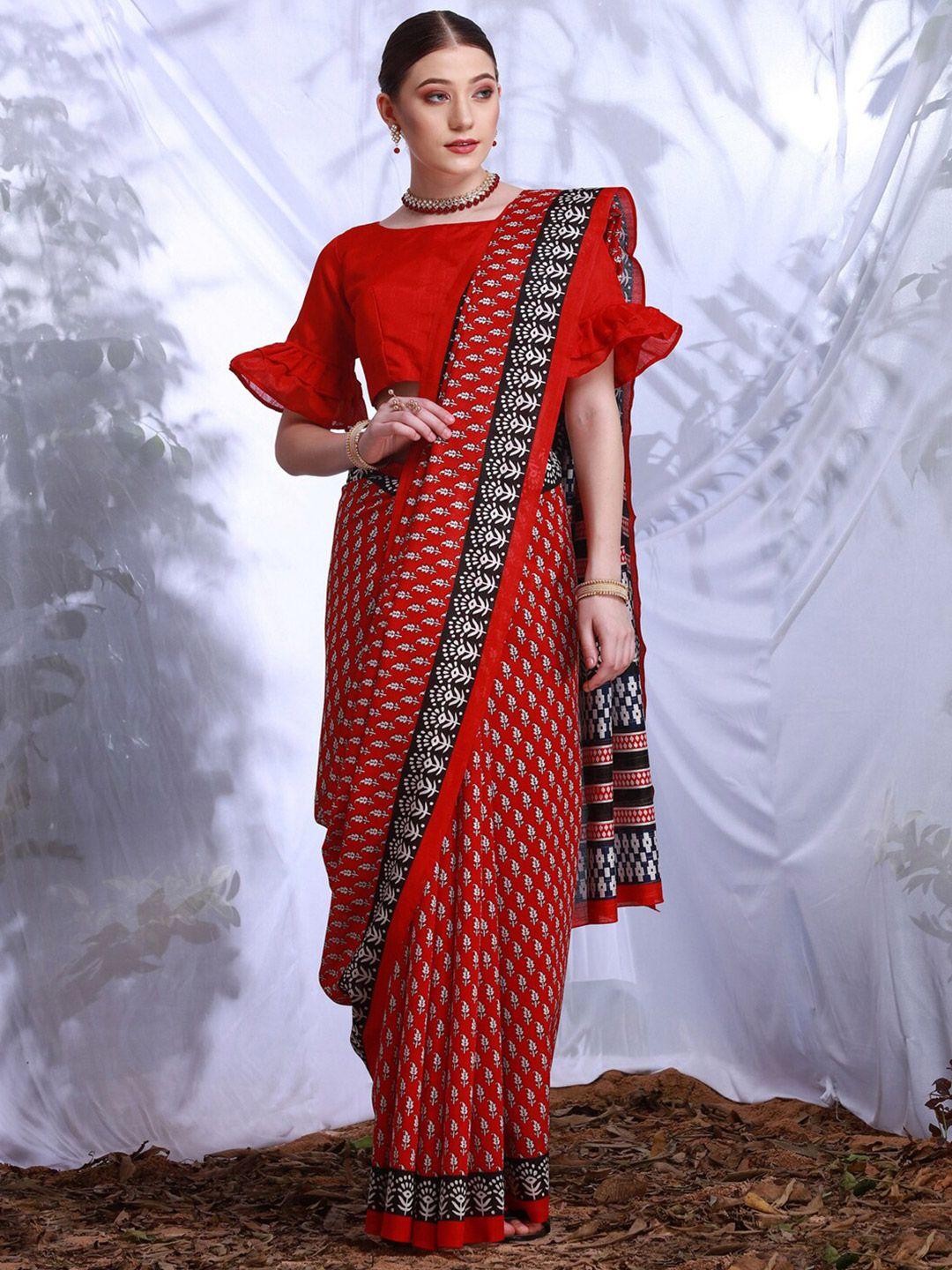 kalini red & black floral art silk dabu saree
