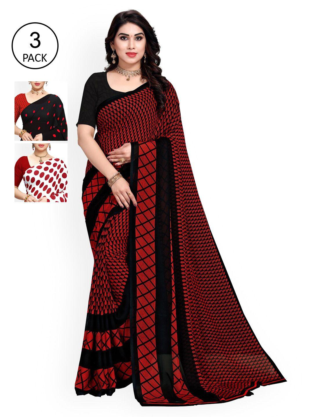 kalini red & black pack of 3 printed saree