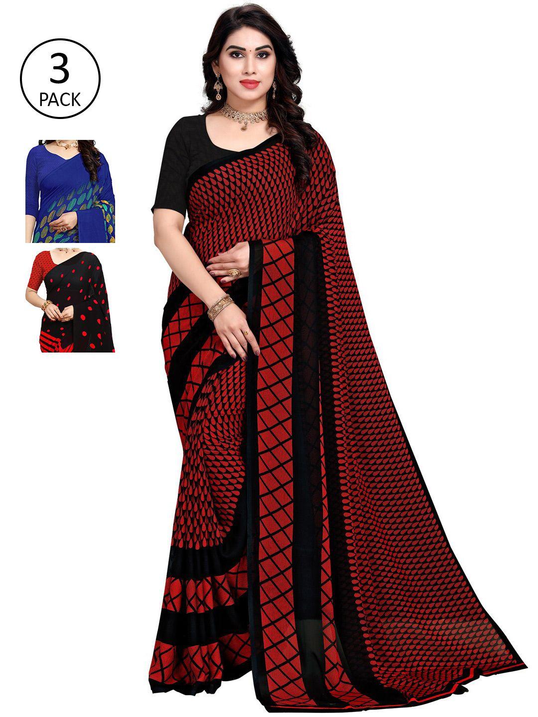 kalini red & black pack of 3 printed saree