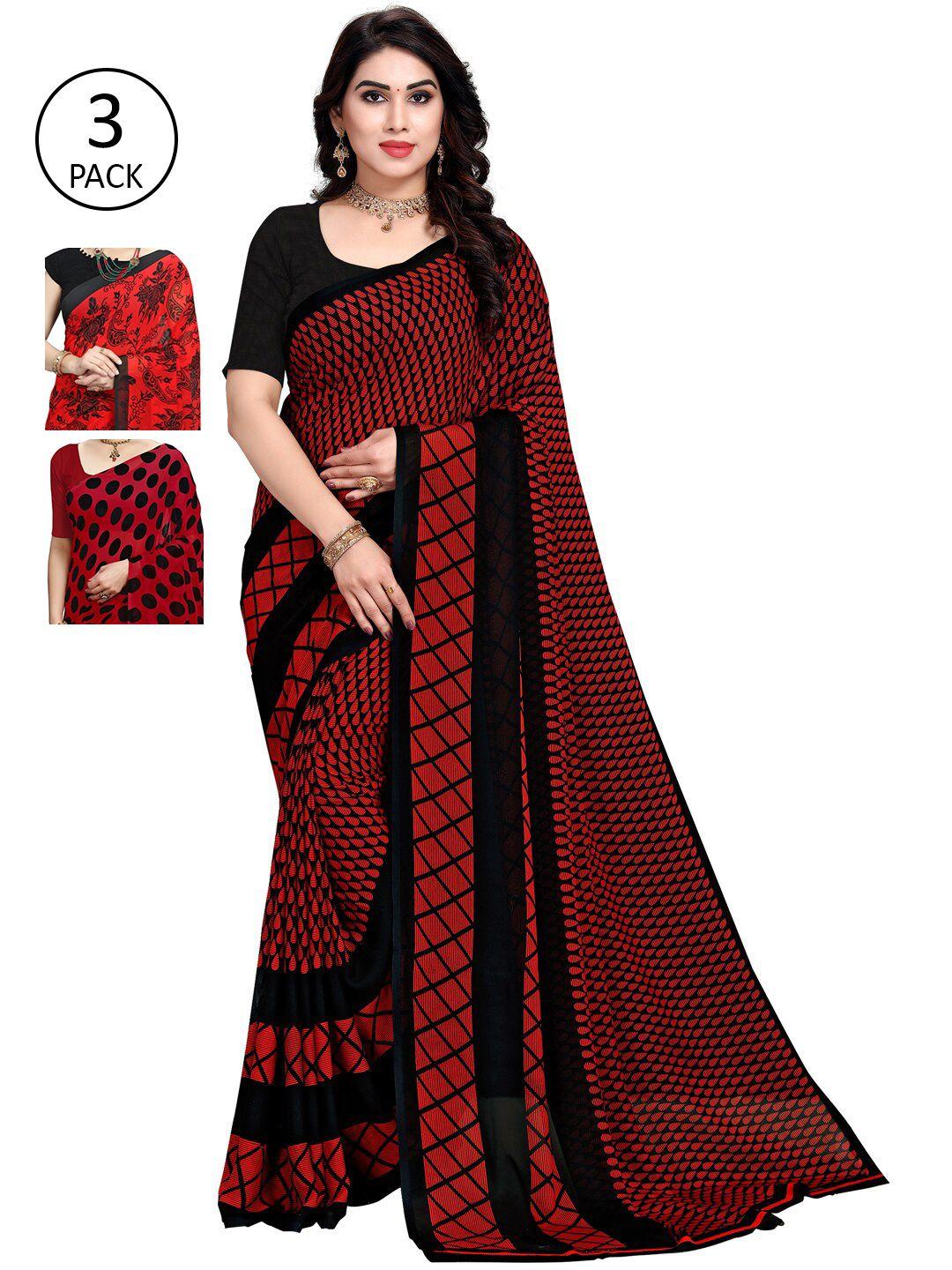 kalini red & black pack of 3 printed sarees