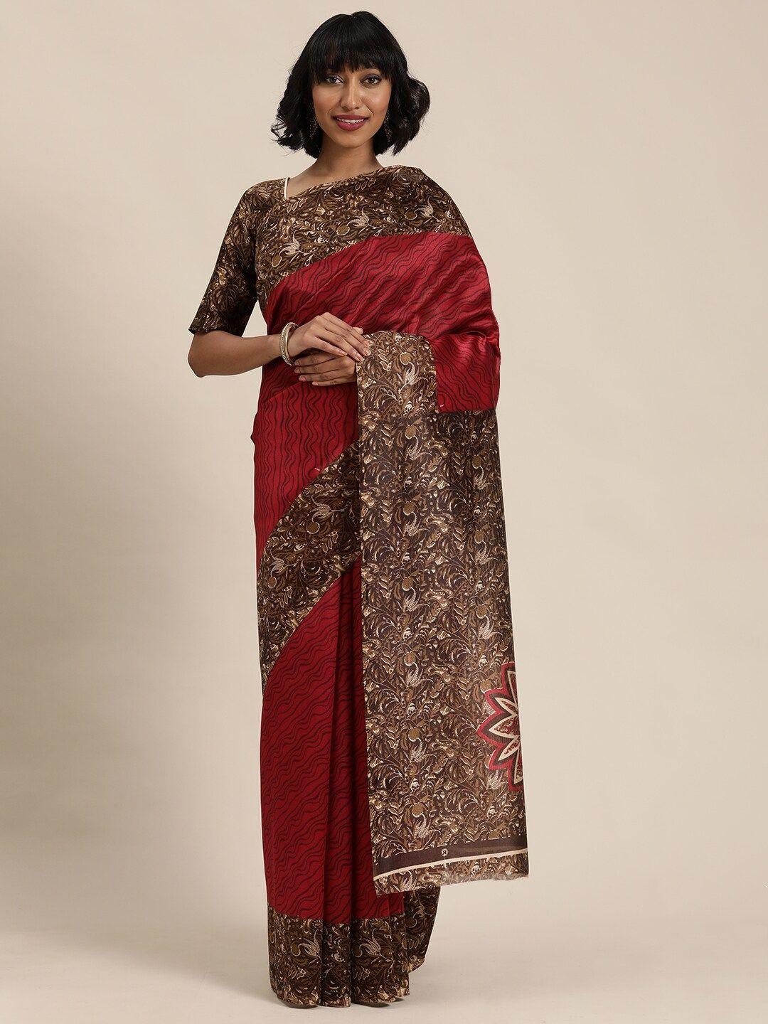 kalini red & brown floral silk blend bhagalpuri saree