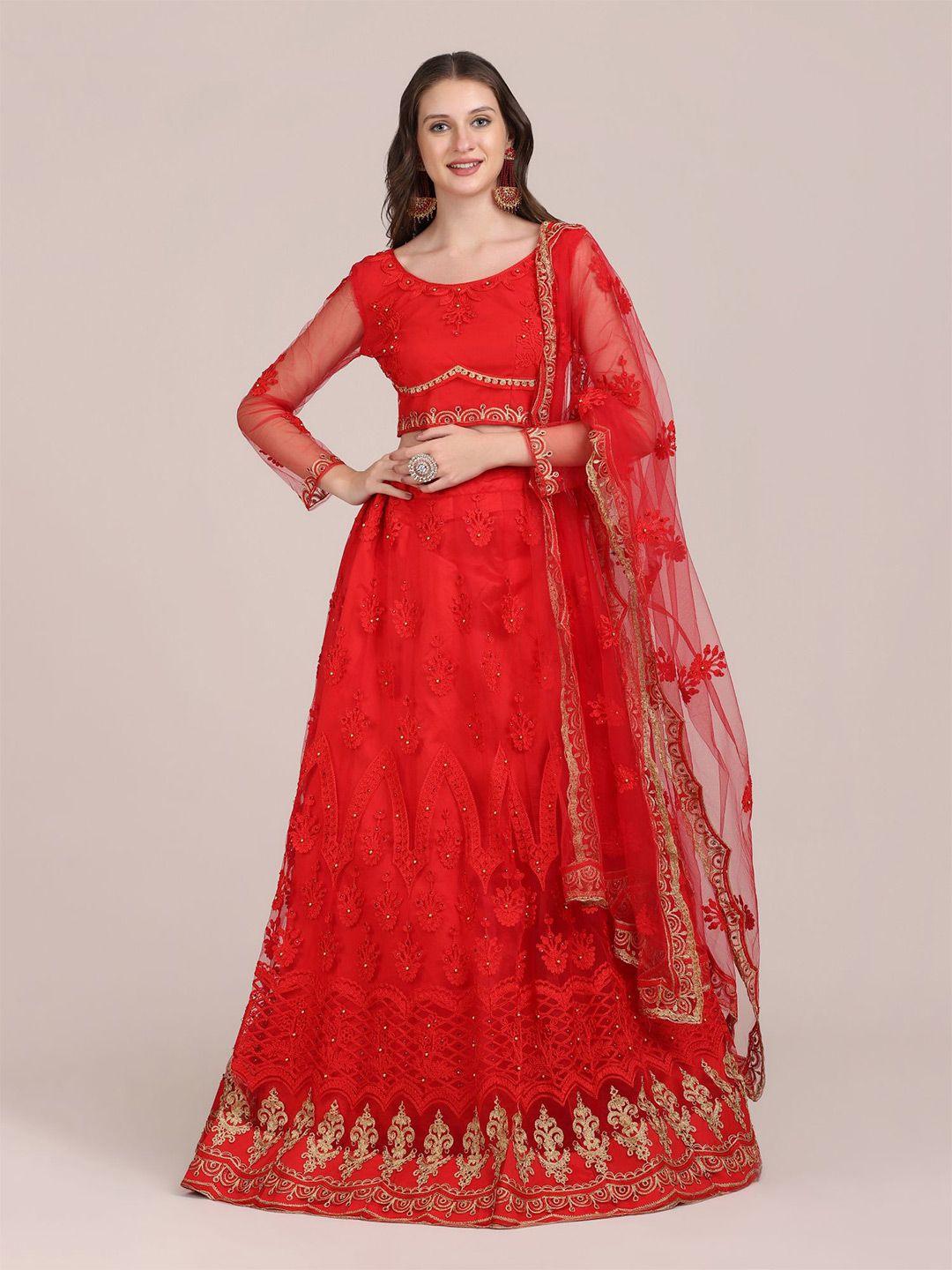 kalini red & gold-toned embroidered thread work semi-stitched lehenga & unstitched blouse with dupatta