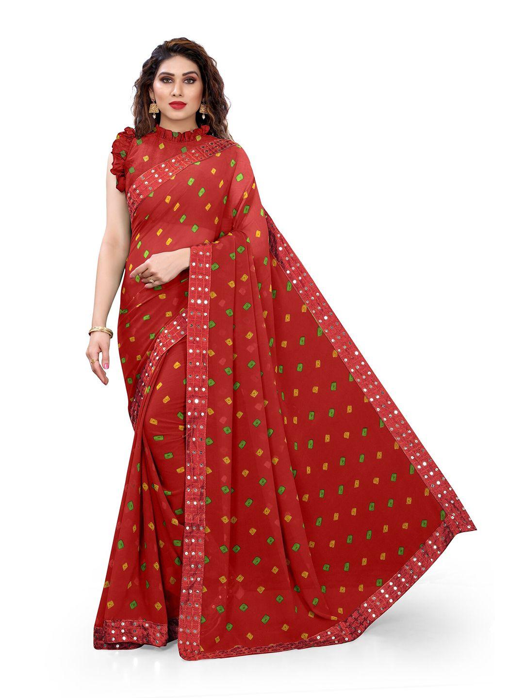 kalini red & green bandhani printed sequinned bandhani saree