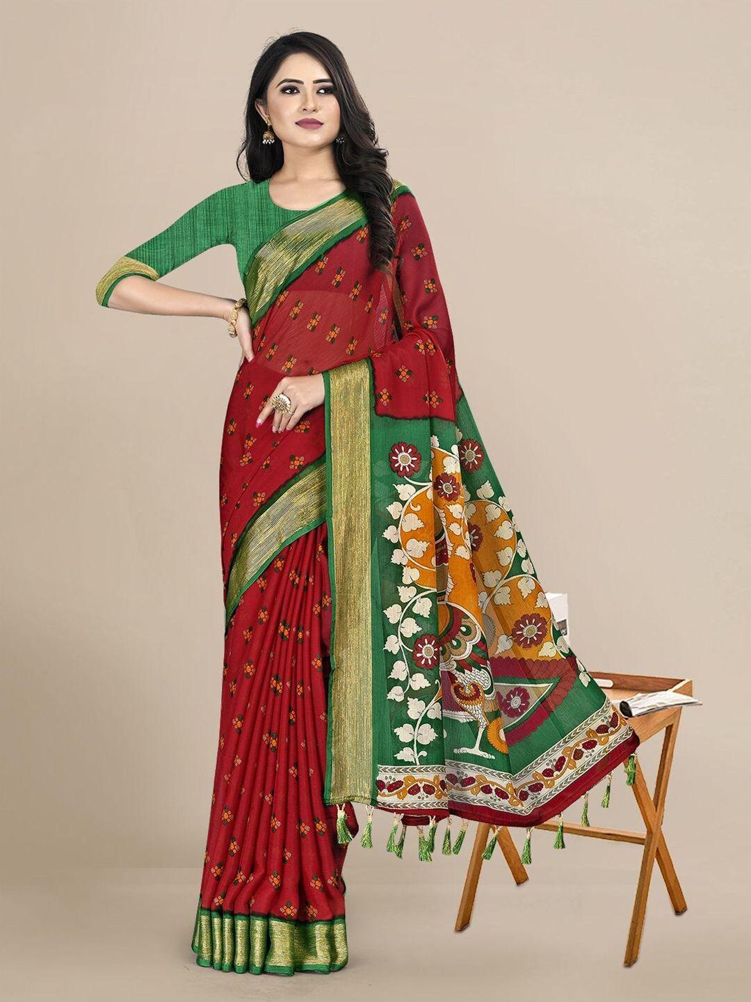kalini red & green floral zari pure chiffon saree