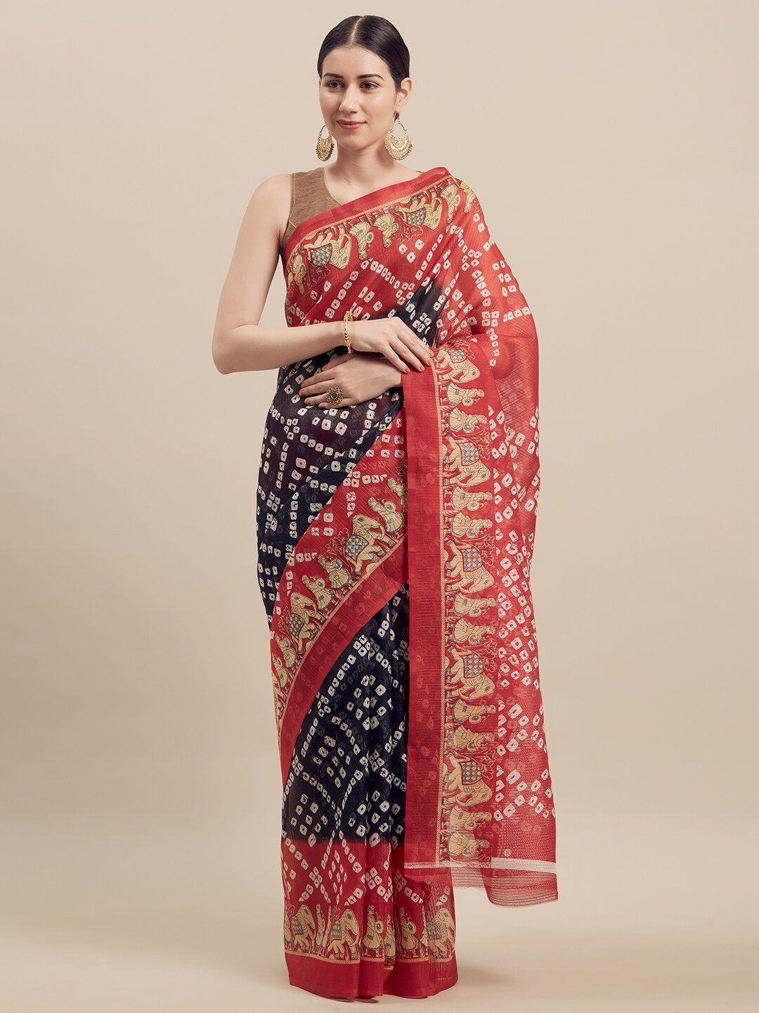 kalini red & navy blue bandhani art silk saree