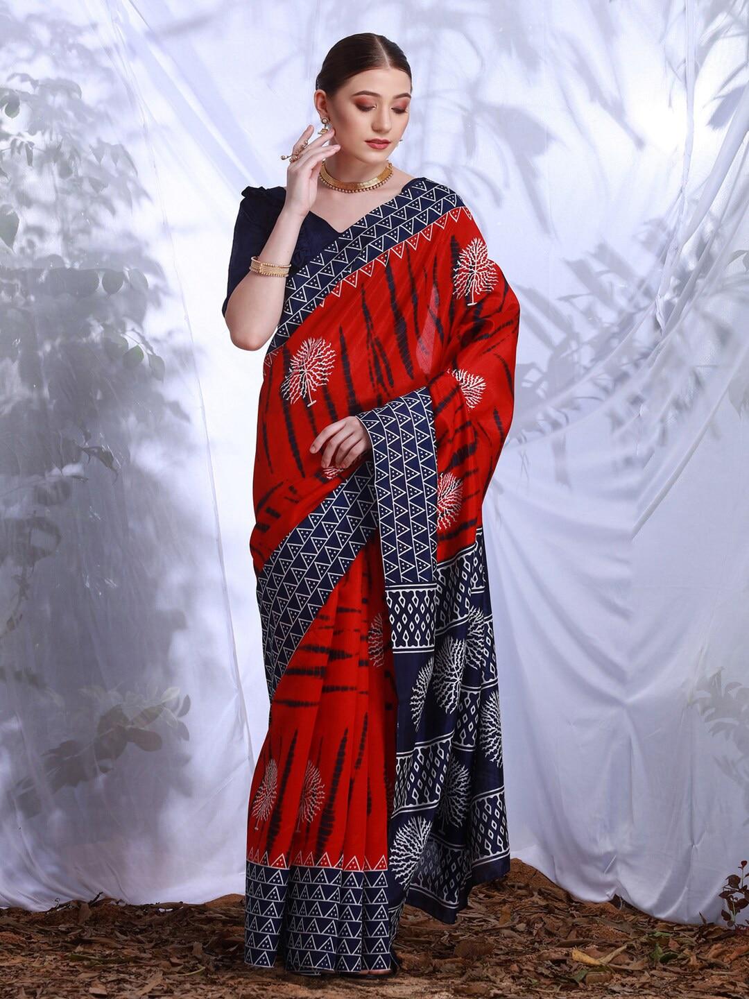 kalini red & navy blue floral art silk block print saree