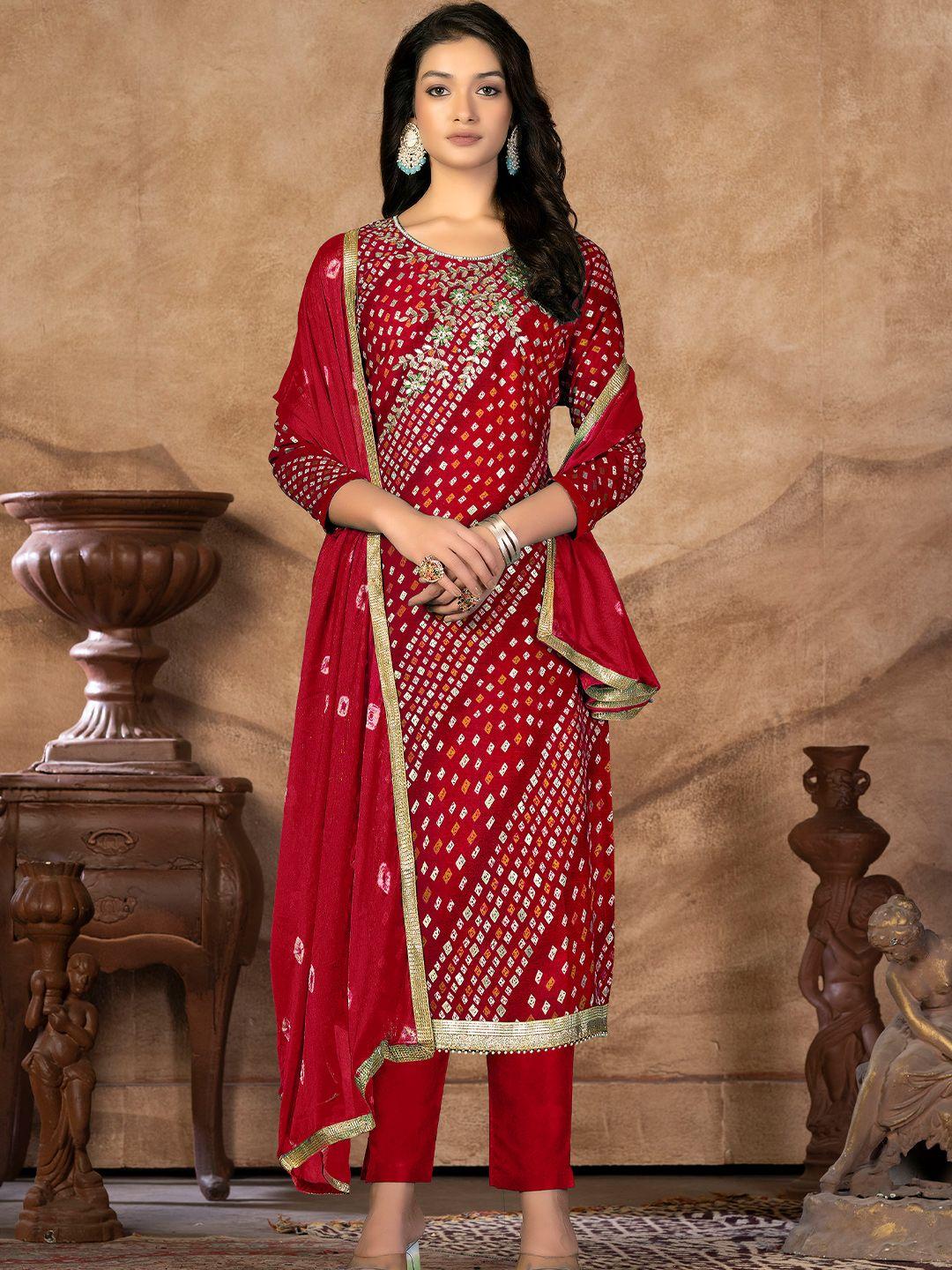 kalini red & red embroidered pure cotton unstitched dress material