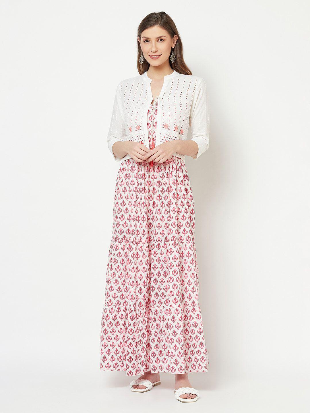 kalini red & white ethnic motifs cotton maxi dress with jacket