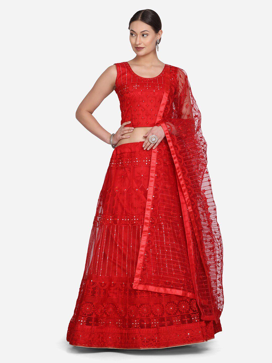kalini red embroidered thread work semi-stitched lehenga & unstitched blouse with dupatta