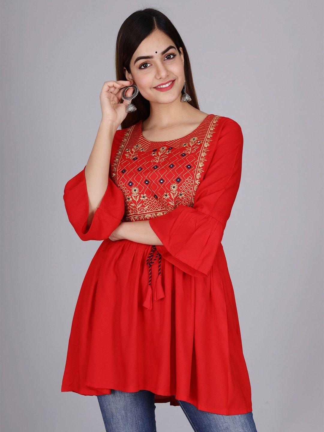 kalini red floral embroidered longline top