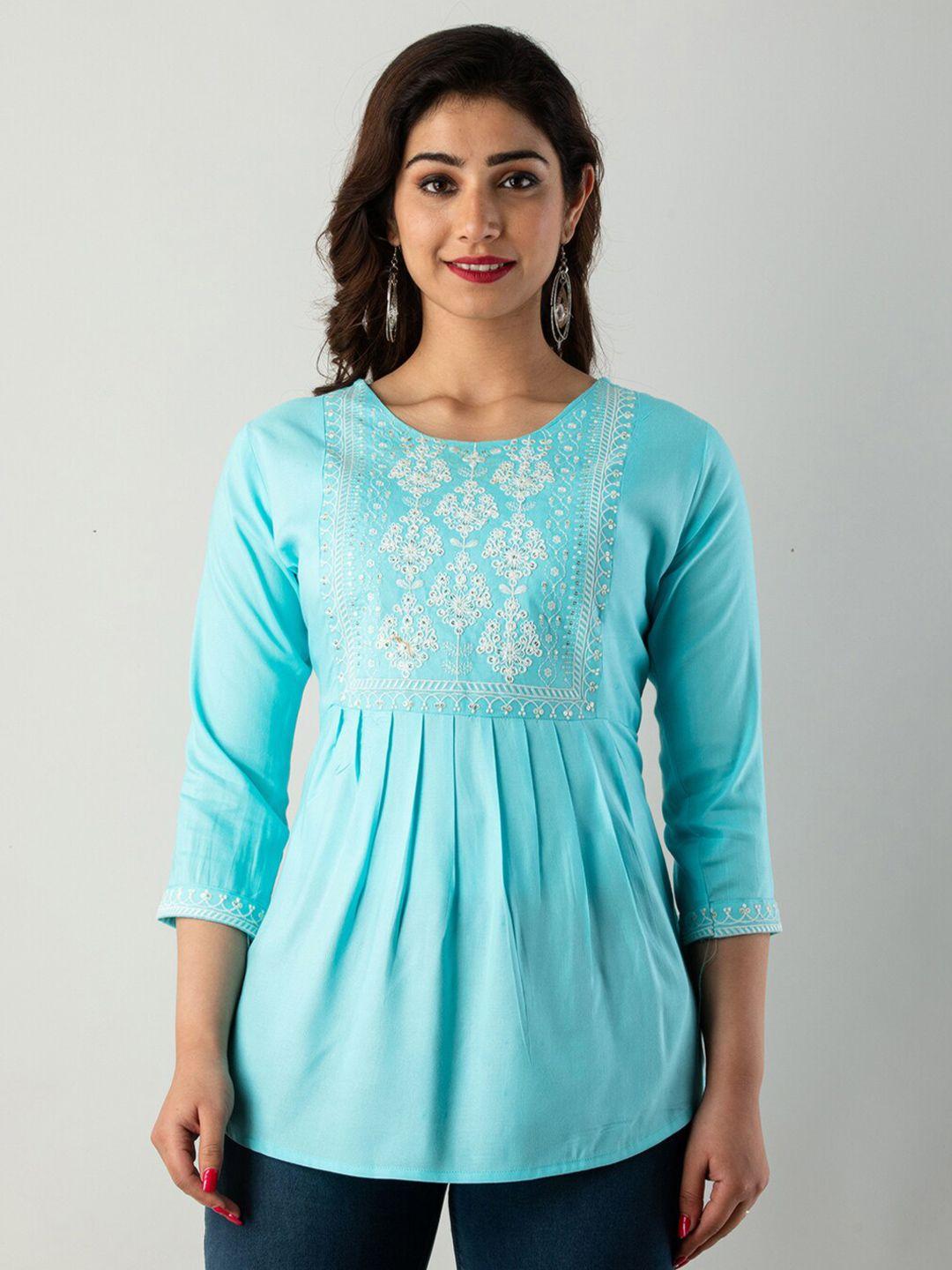 kalini round neck pleated ethnic motifs embroidered a-line top