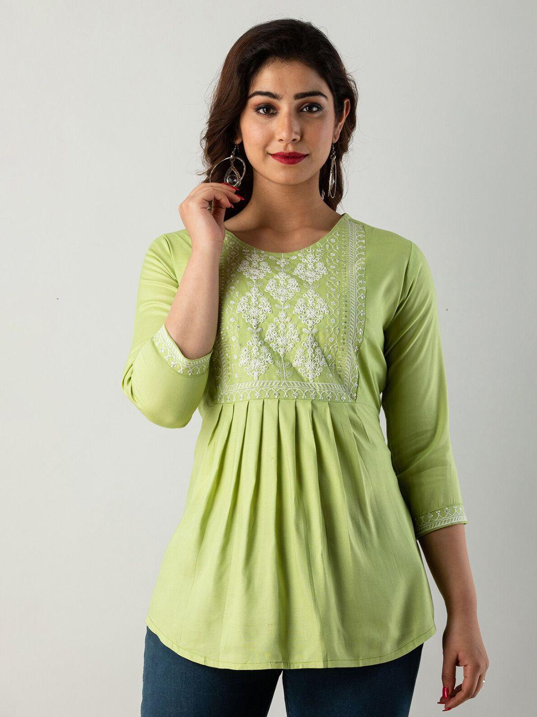 kalini round neck pleated ethnic motifs embroidered a-line top