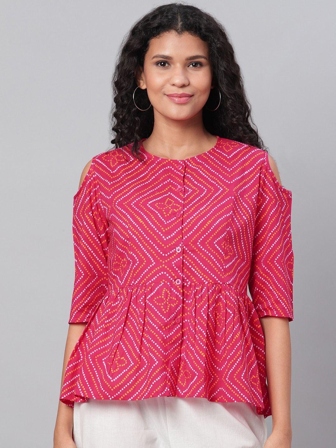 kalini round neck printed cold-shoulder pure cotton a-line top