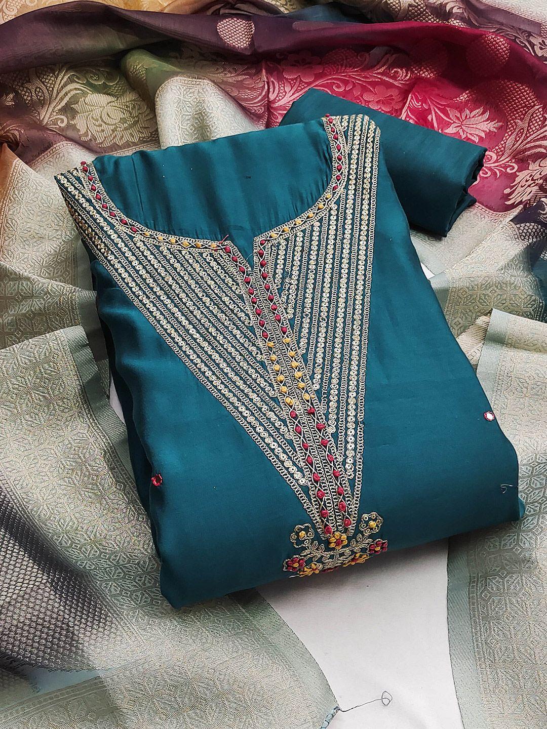 kalini teal & red embroidered pure silk unstitched dress material