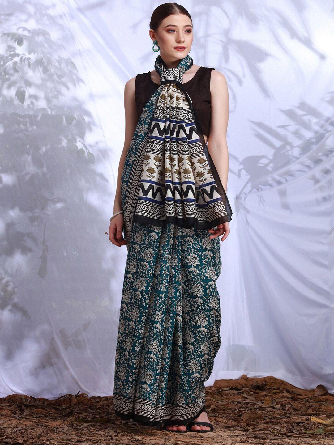 kalini teal & white ethnic motifs art silk dabu saree