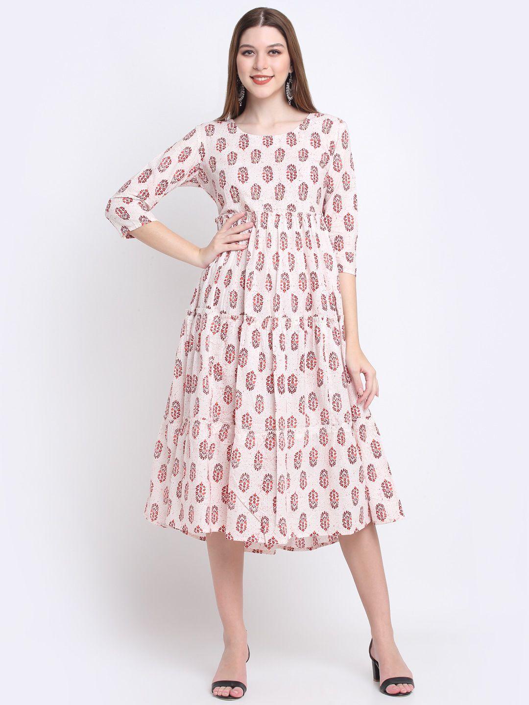 kalini white & maroon floral printed a-line midi dress