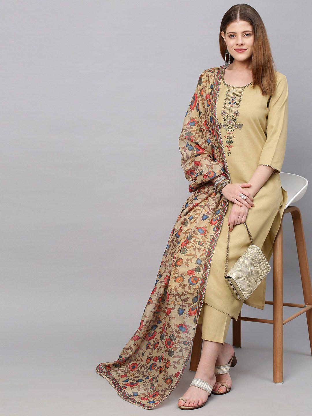 kalini women beige floral yoke design straight kurta with trousers & with dupatta