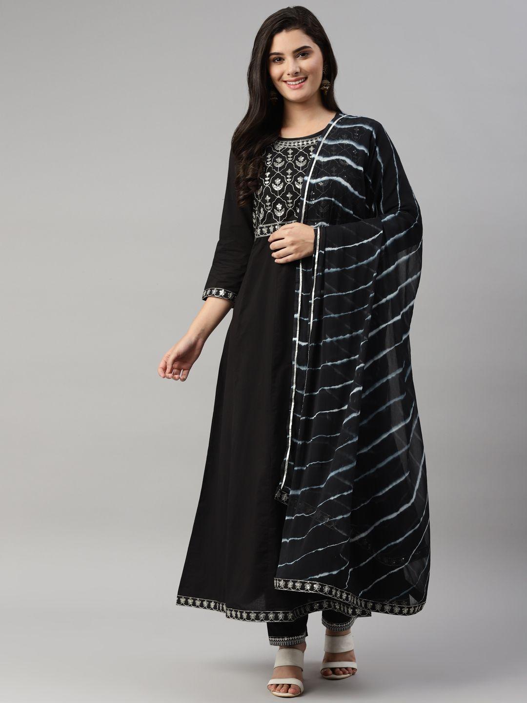 kalini women black ethnic motifs embroidered thread work kurta with trousers & with dupatta