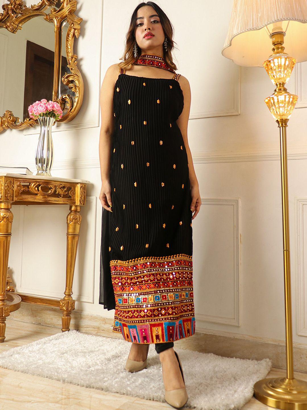 kalini women black floral embroidered regular kurta with trousers & with dupatta