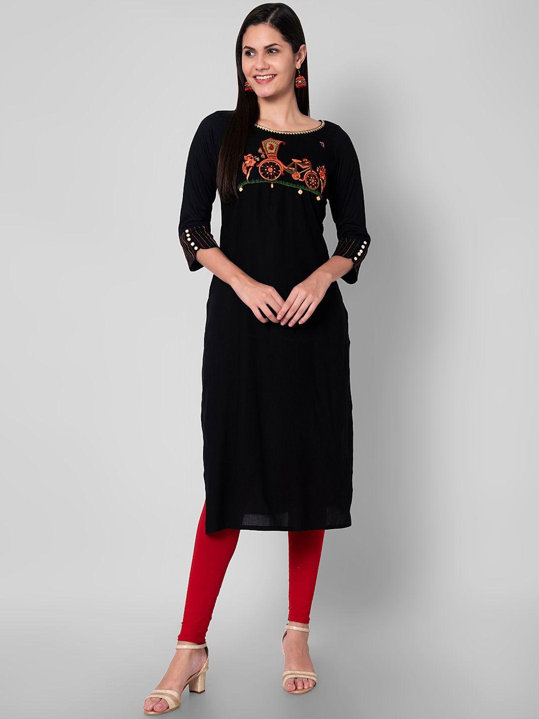 kalini women black floral embroidered thread work kurta