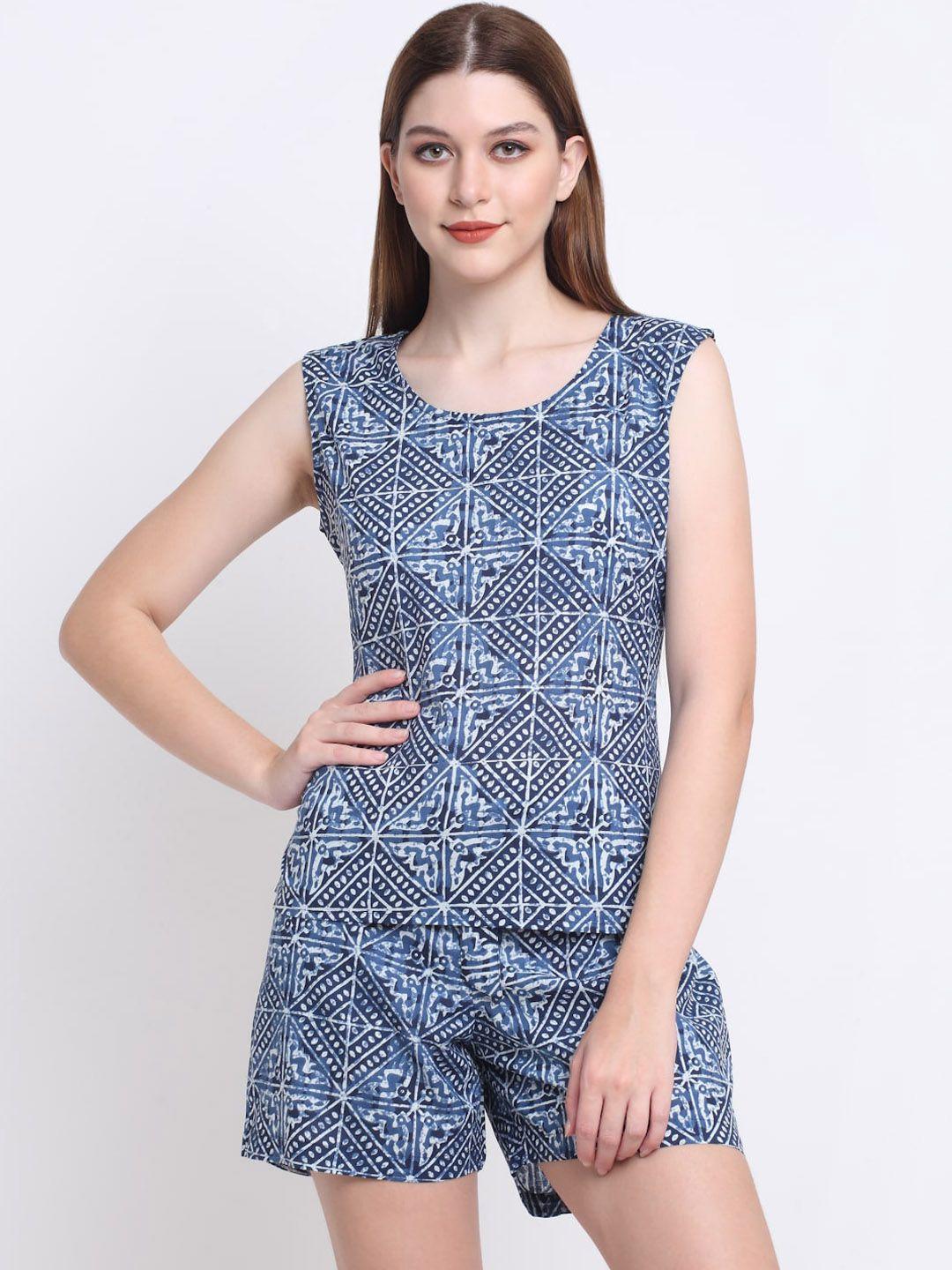 kalini-women-blue-&-white-pure-cotton-printed-night-suit