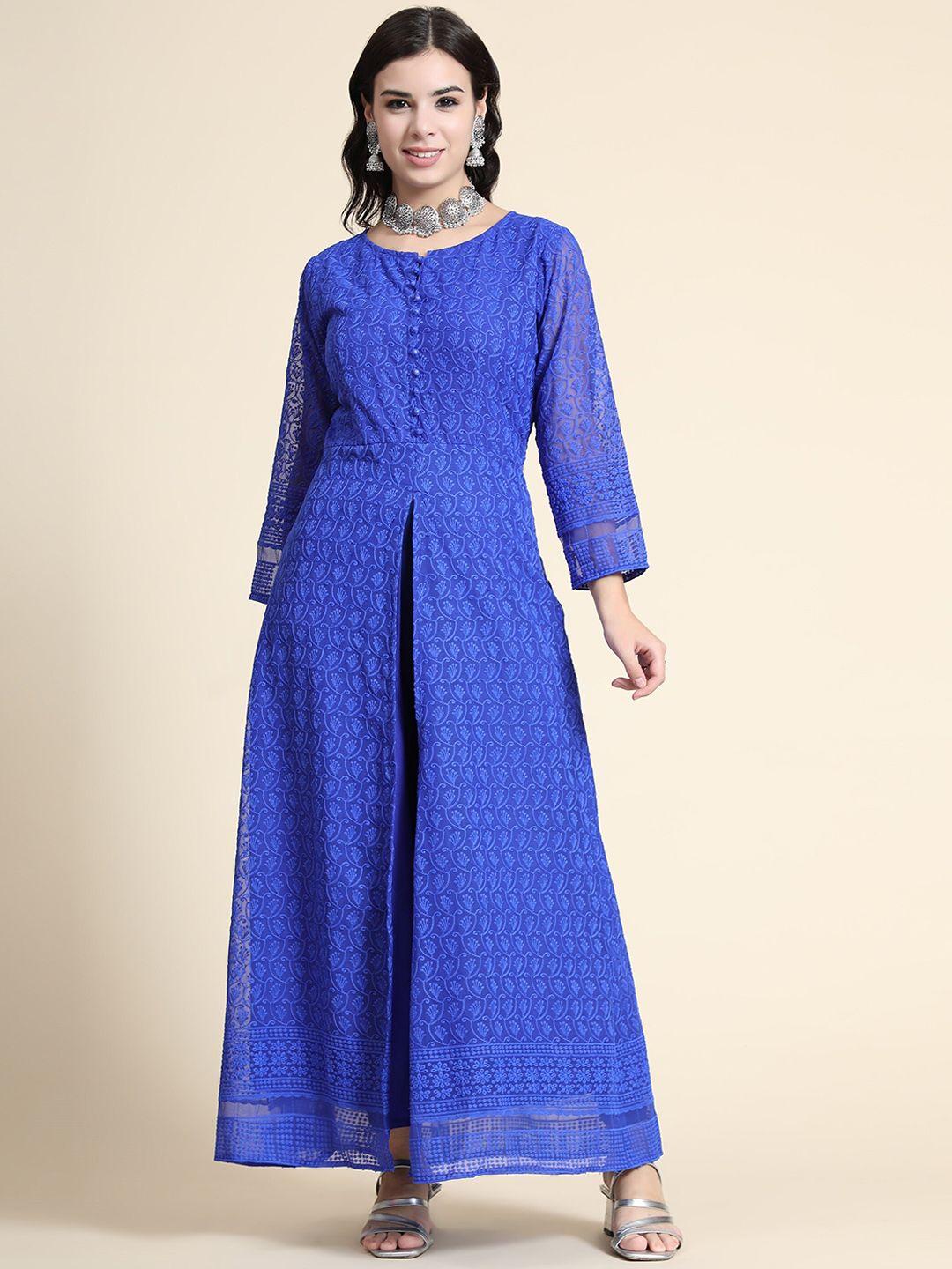 kalini women blue embroidered georgette maxi long ethnic dress