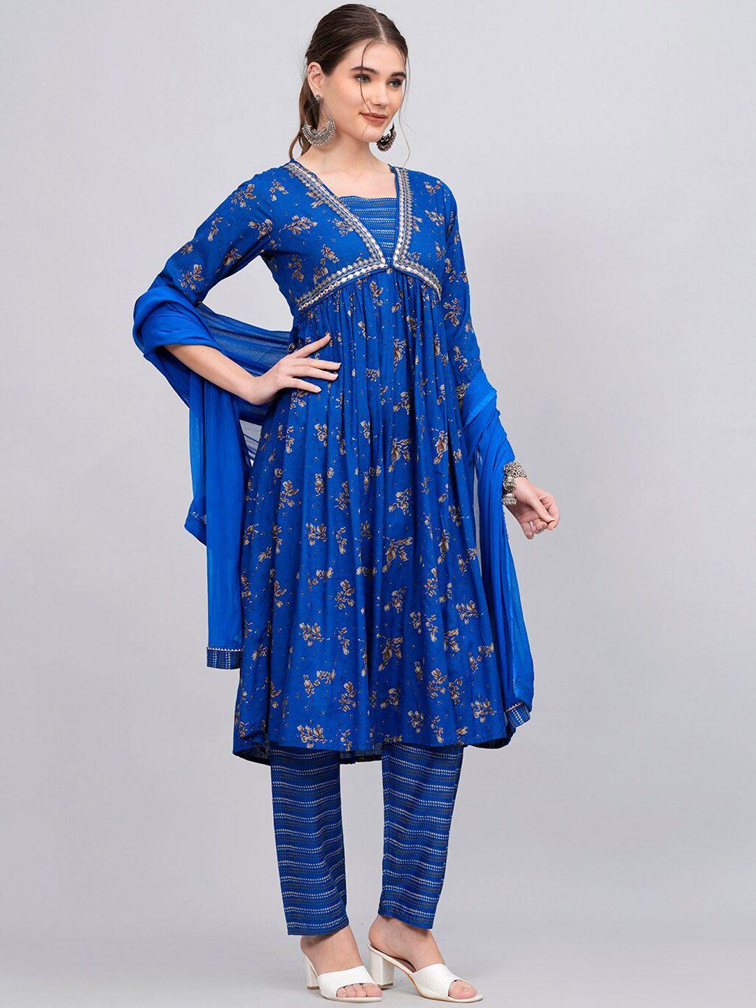 kalini women blue floral regular kurta with trousers & with dupatta