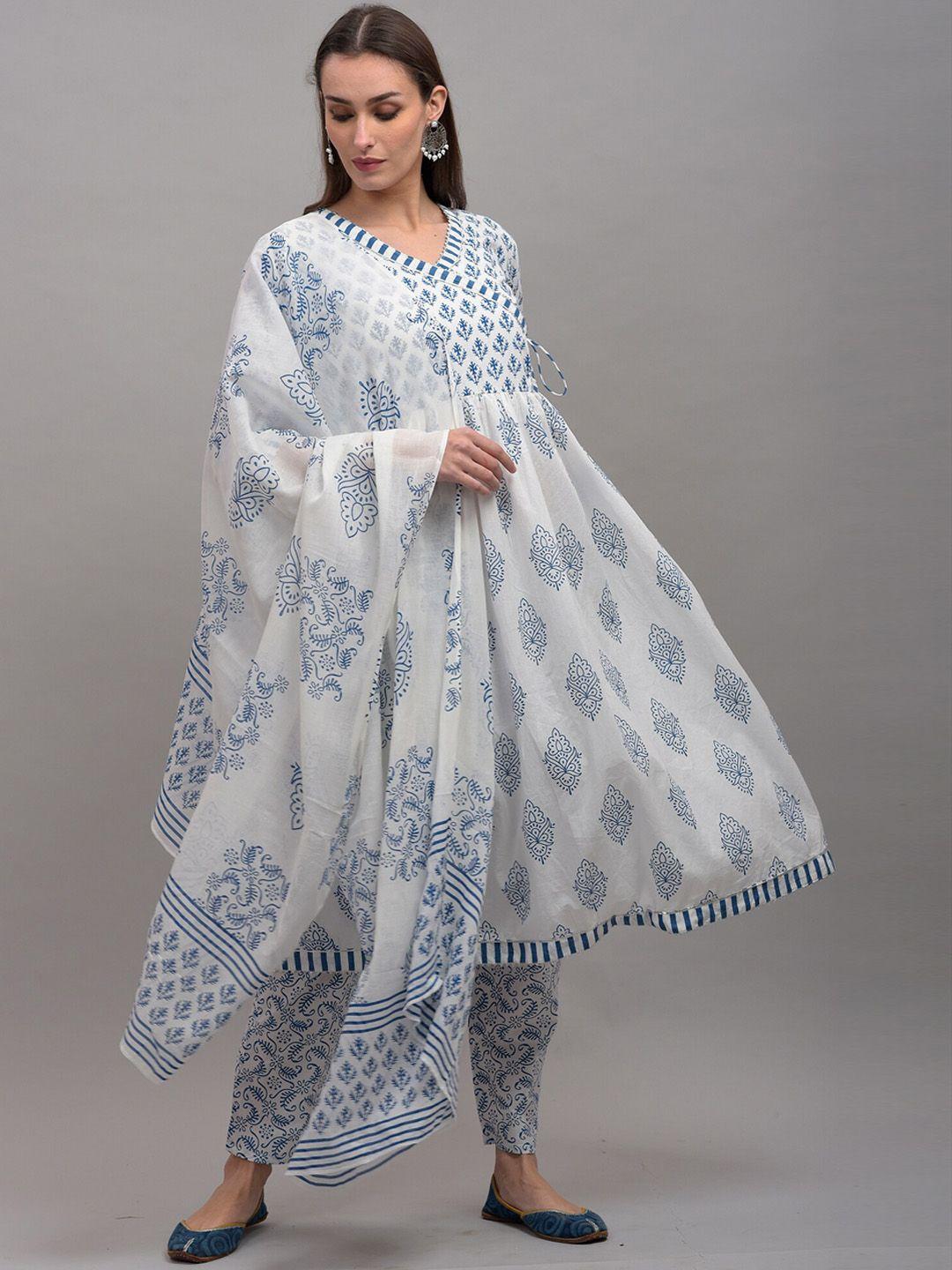 kalini women blue printed empire pure cotton anarkali with trouser & dupatta