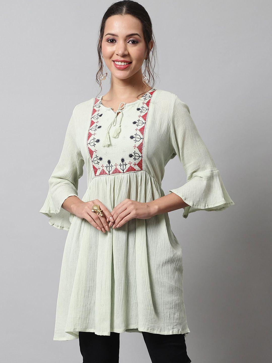 kalini women embroidered round neck flared sleeves cotton tunic