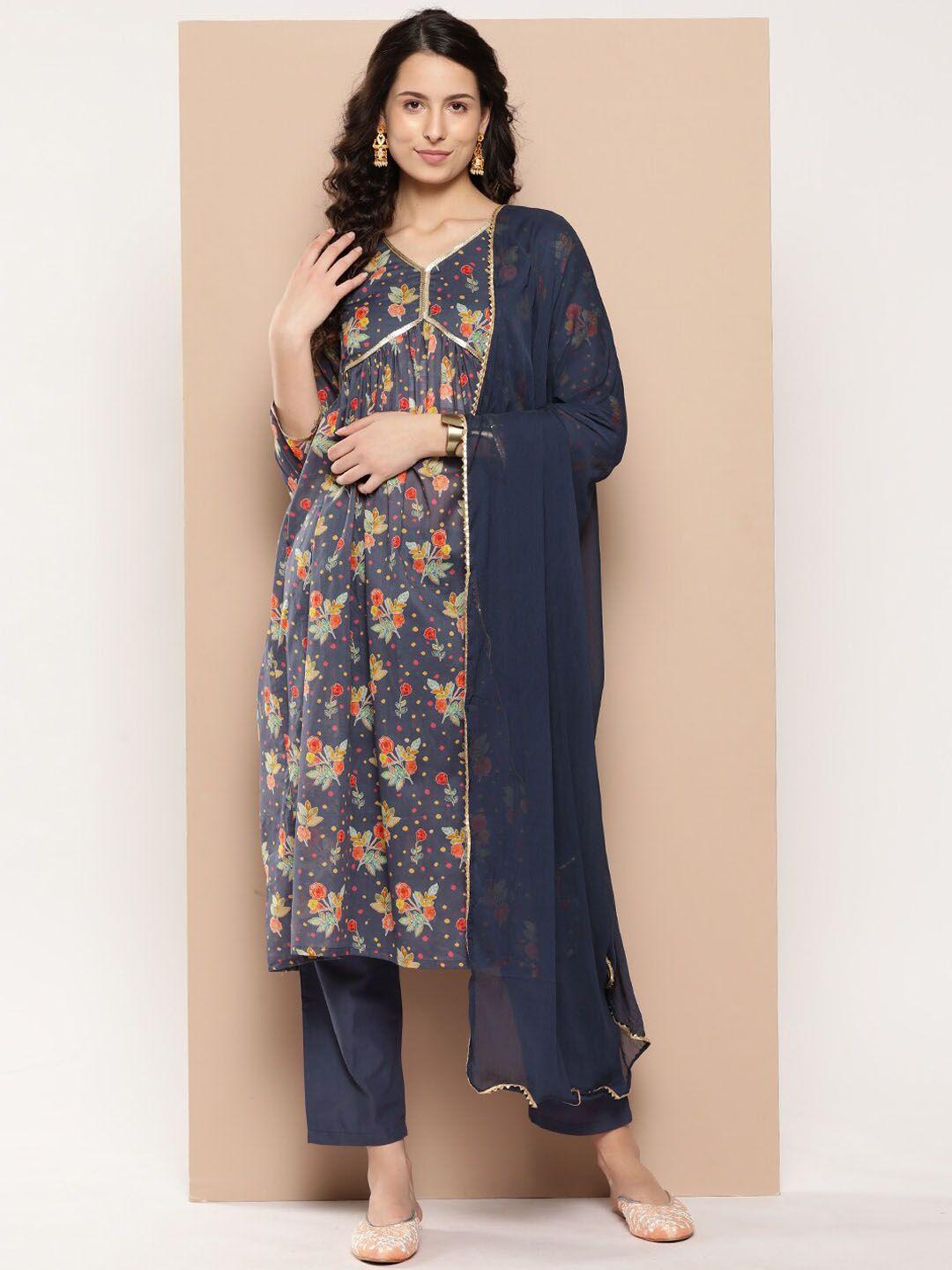 kalini women floral printed empire sequinned pure cotton kurta with trousers & with dupatta