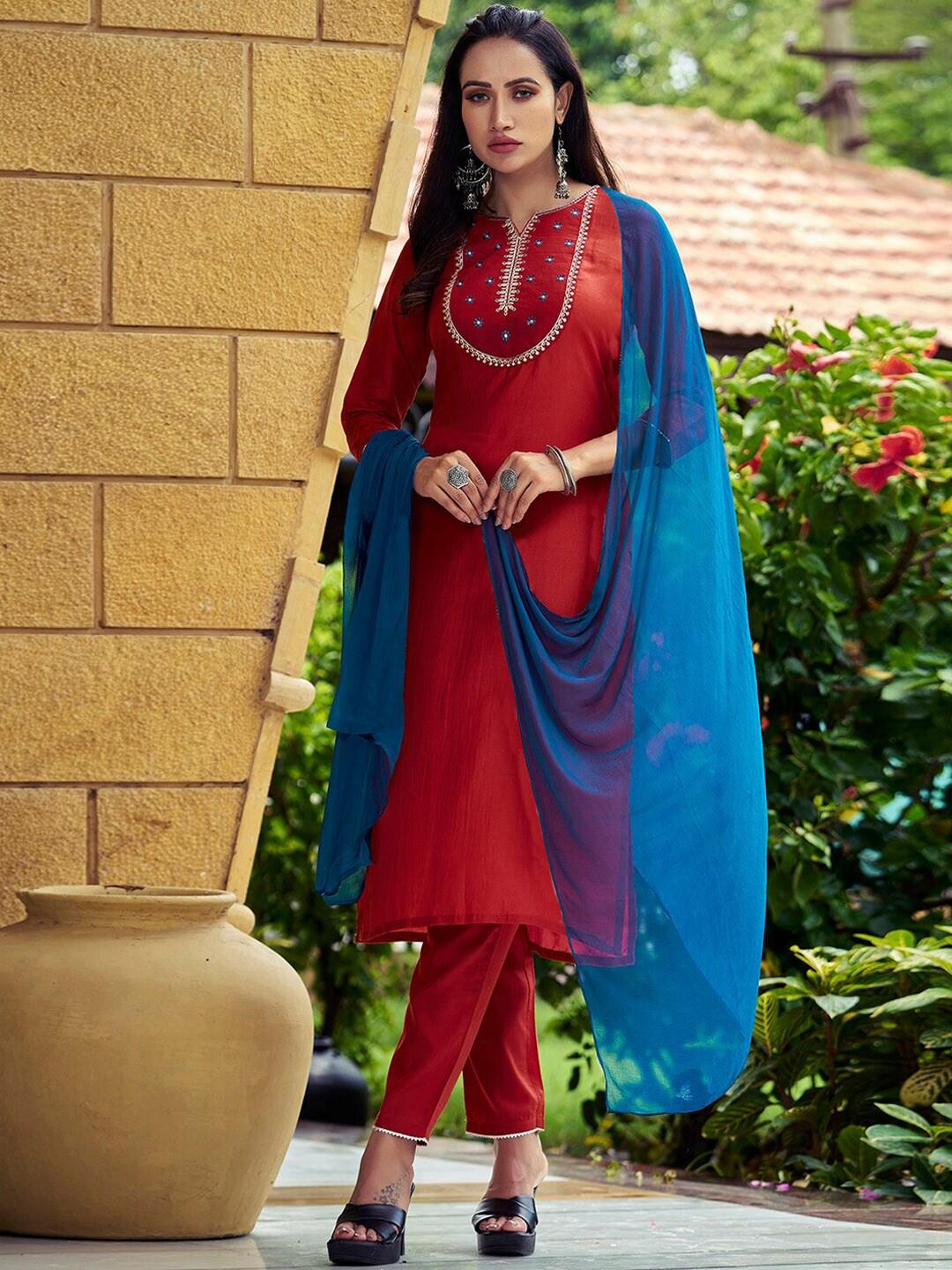 kalini women floral yoke design regular gotta patti kurta with trousers & with dupatta