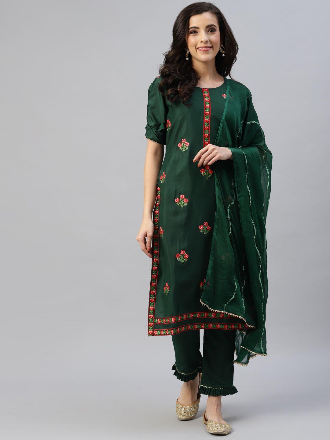 kalini women green embroidered semi-stitched dress material
