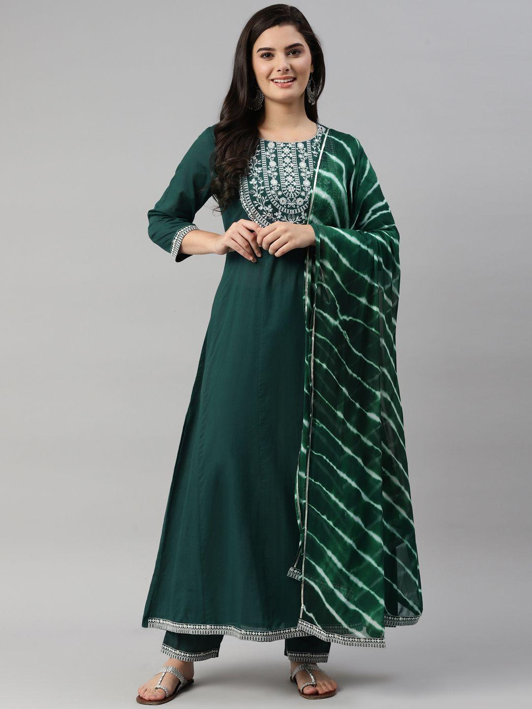 kalini women green ethnic motifs embroidered thread work kurta with trousers & with dupatta