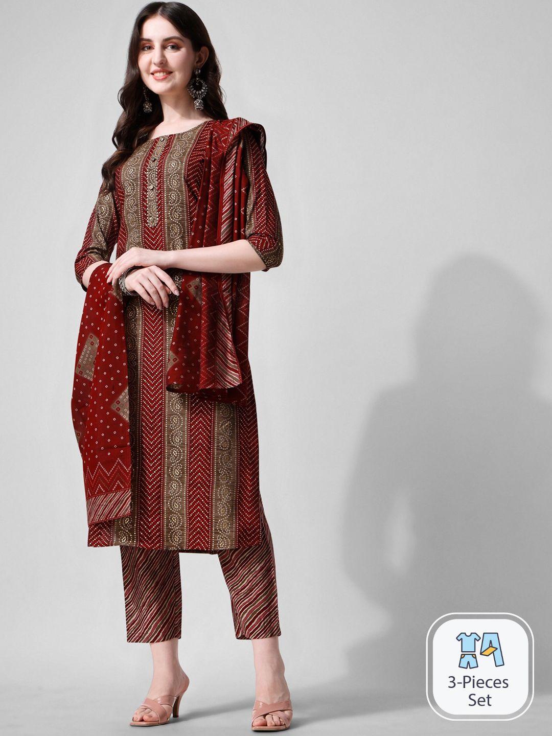 kalini women maroon bandhani printed regular gotta patti chanderi cotton kurta with trousers & with dupatta