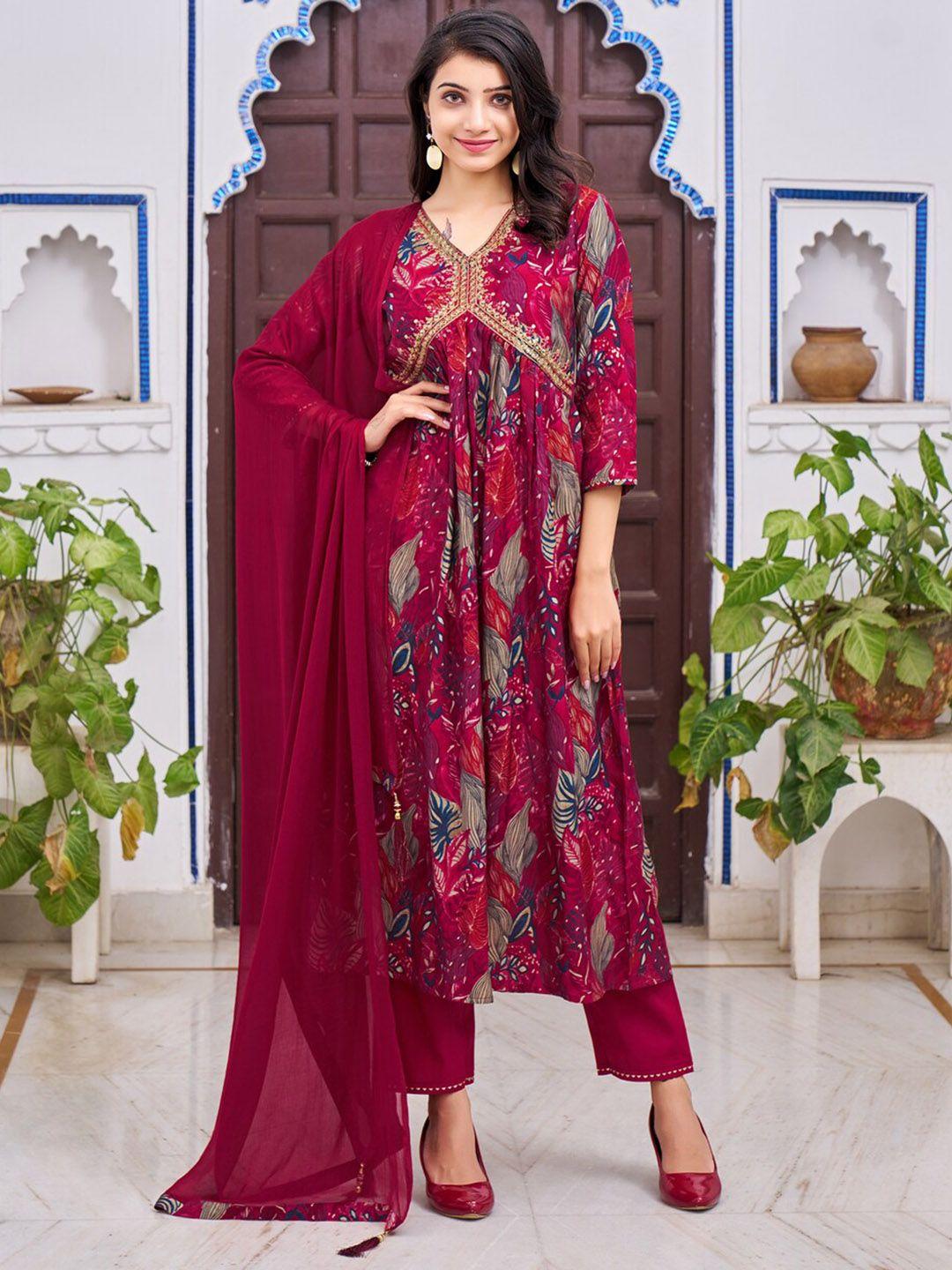 kalini women maroon embroidered pleated sequinned chanderi silk kurta with trousers & with dupatta