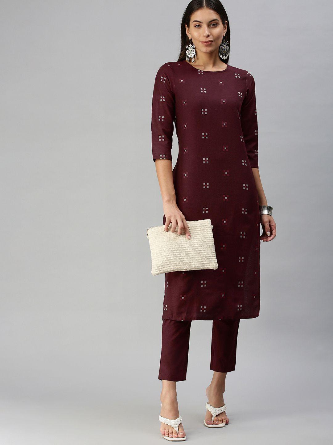 kalini women maroon pure cotton geometric woven design kurta with trousers
