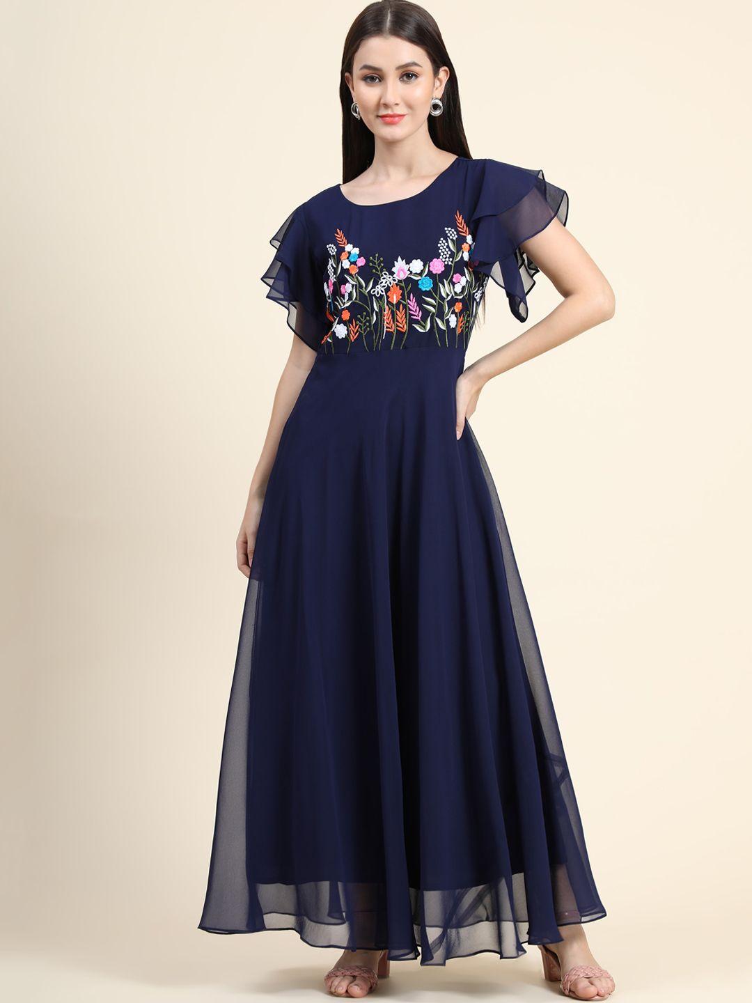 kalini women navy blue embroidered maxi dress