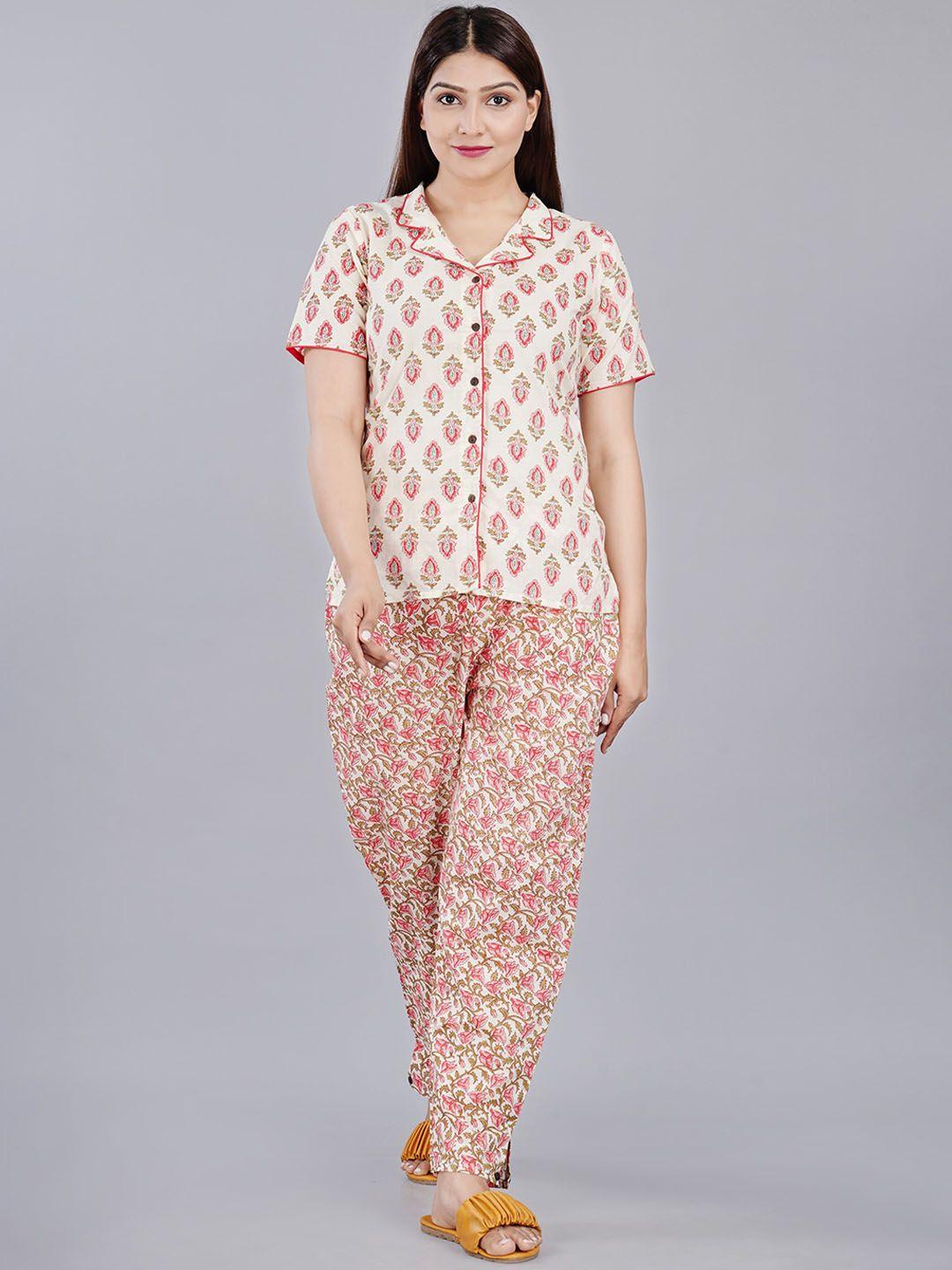 kalini-women-off-white-&-pink-printed-pure-cotton-night-suit
