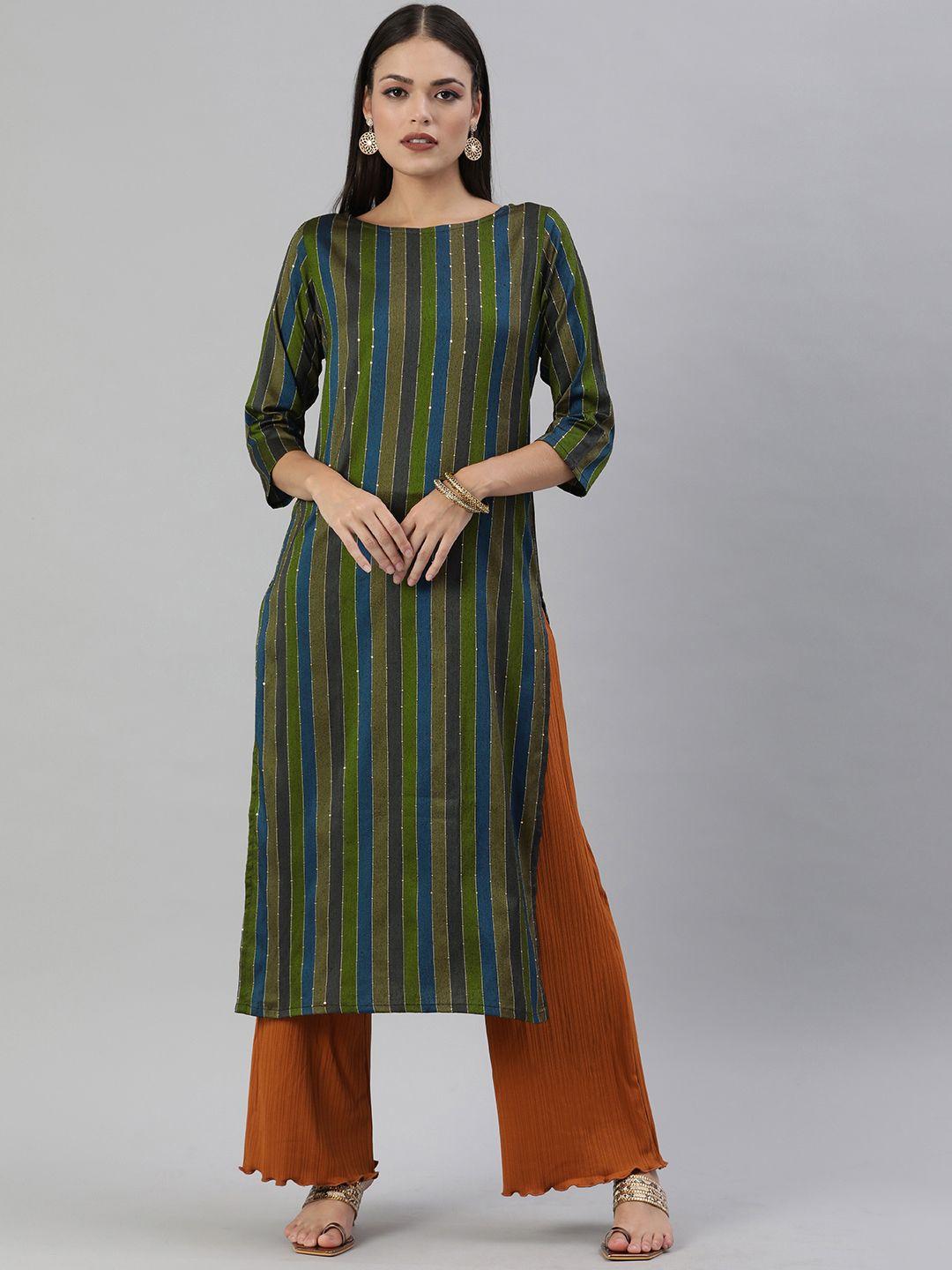 kalini women olive green & navy blue striped sequined straight kurta