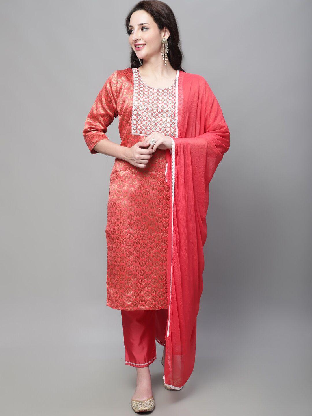 kalini women peach-coloured ethnic motifs embroidered regular kurta with trousers & with dupatta