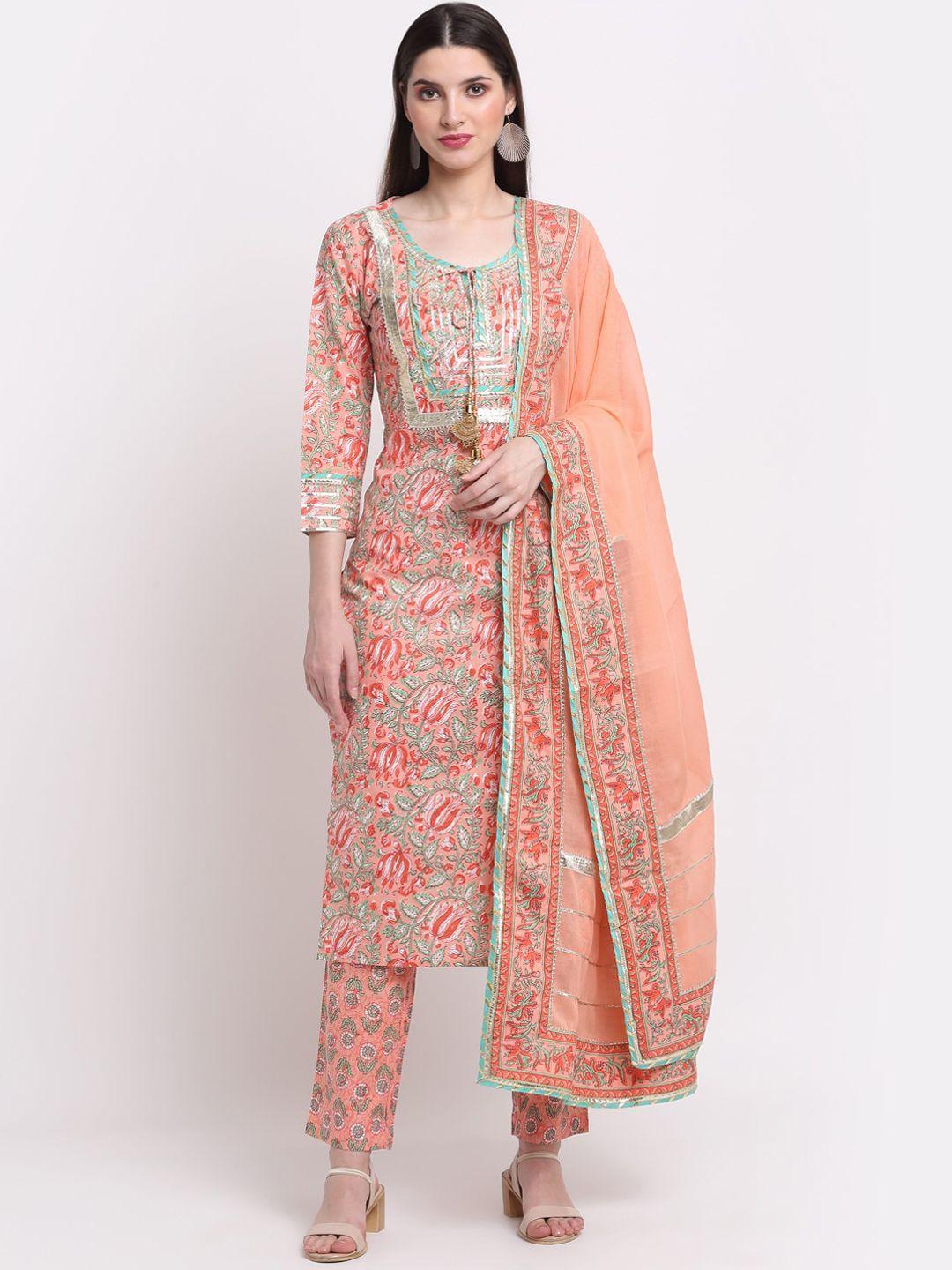 kalini women peach-coloured paisley printed pure cotton kurta with trousers & with dupatta