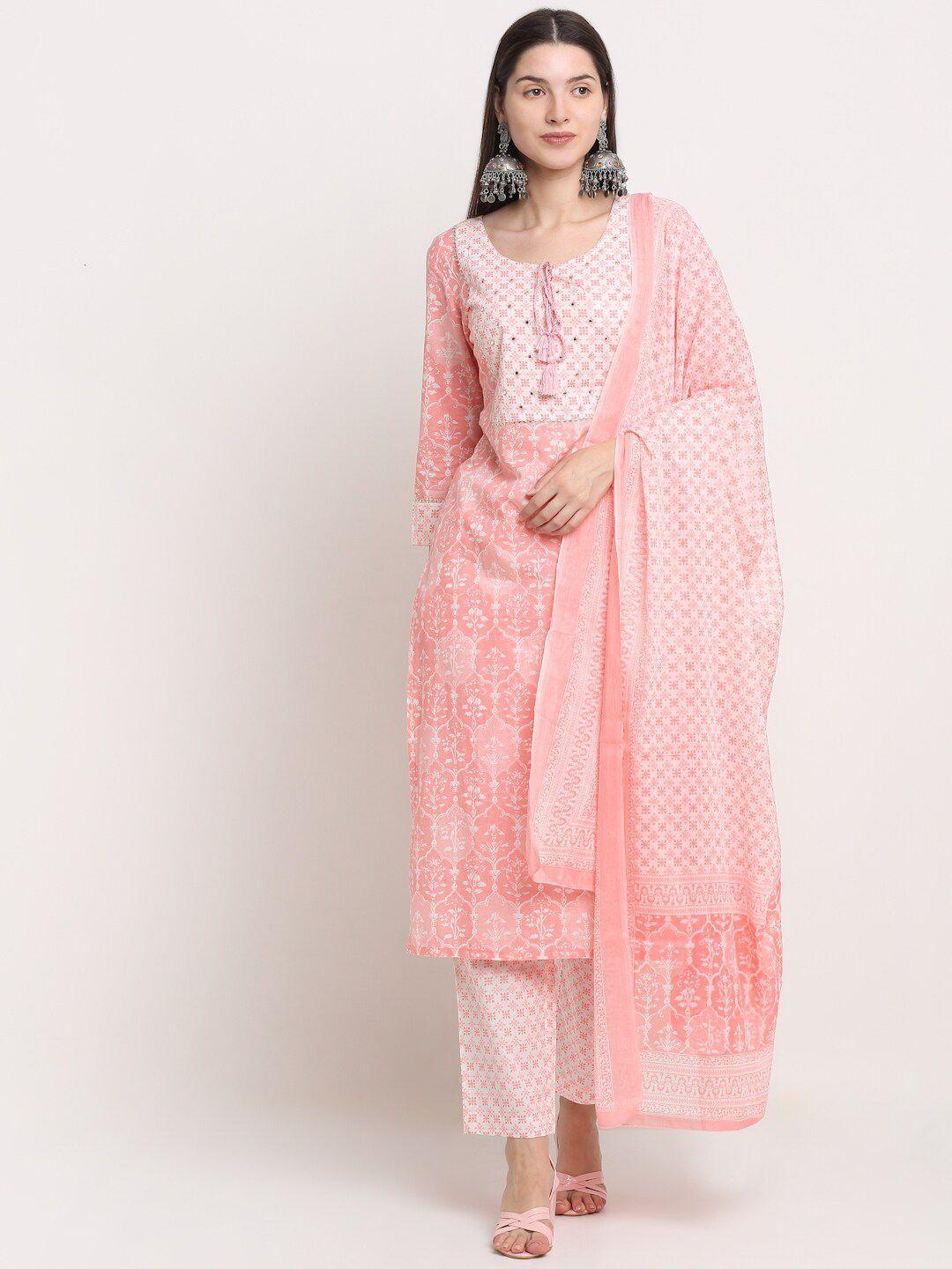 kalini women peach-coloured yoke design pure cotton kurta with trousers & dupatta
