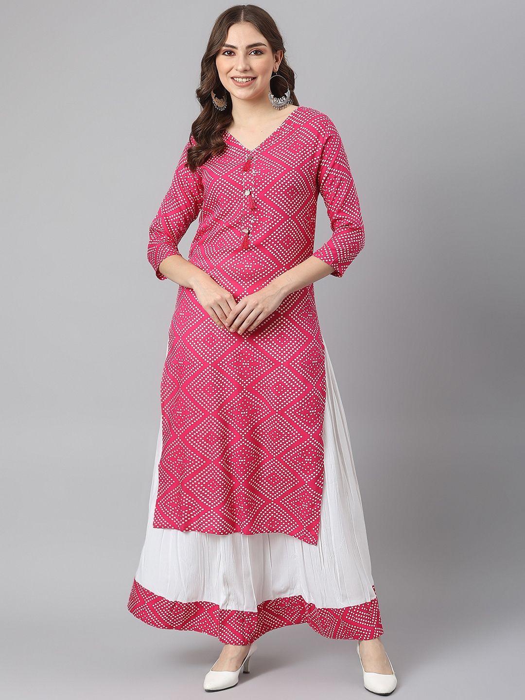 kalini women pink printed kurta with skirt