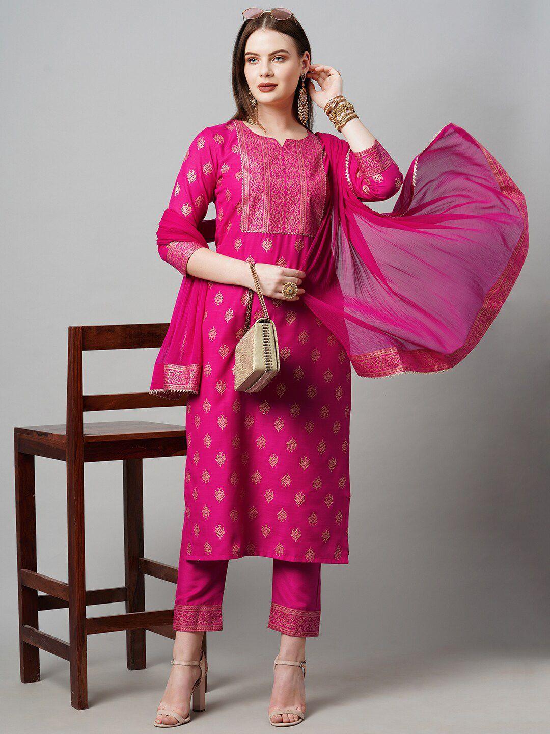 kalini women pink printed kurta with trousers & with dupatta