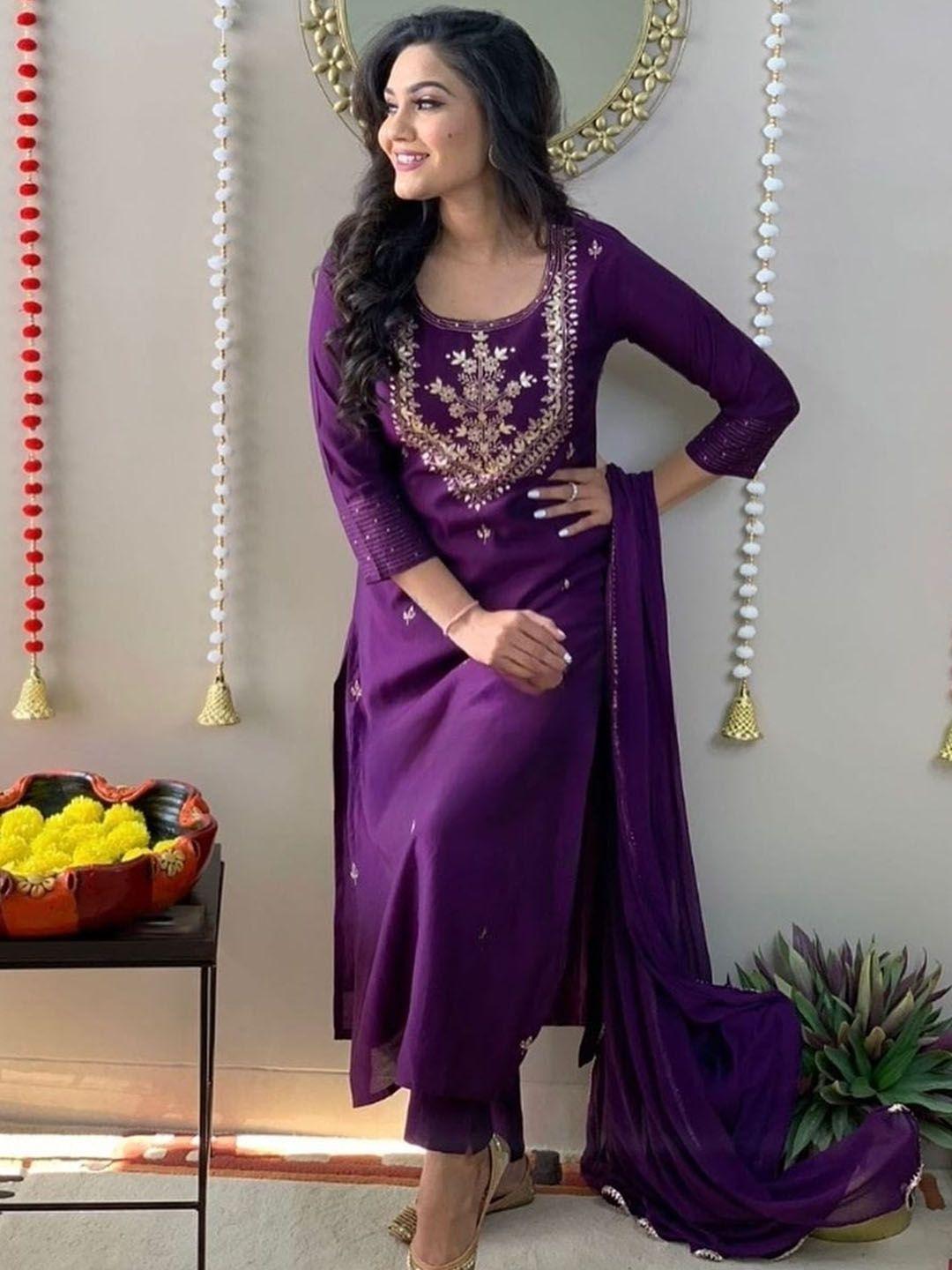 kalini women purple embroidered kurta with trousers & with dupatta