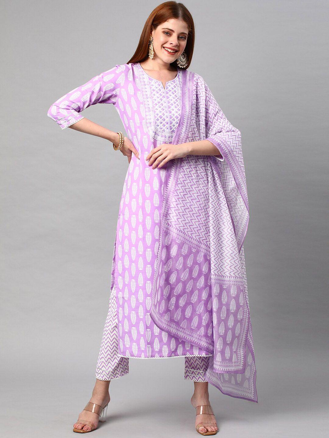 kalini women purple floral printed kurta with trousers & with dupatta